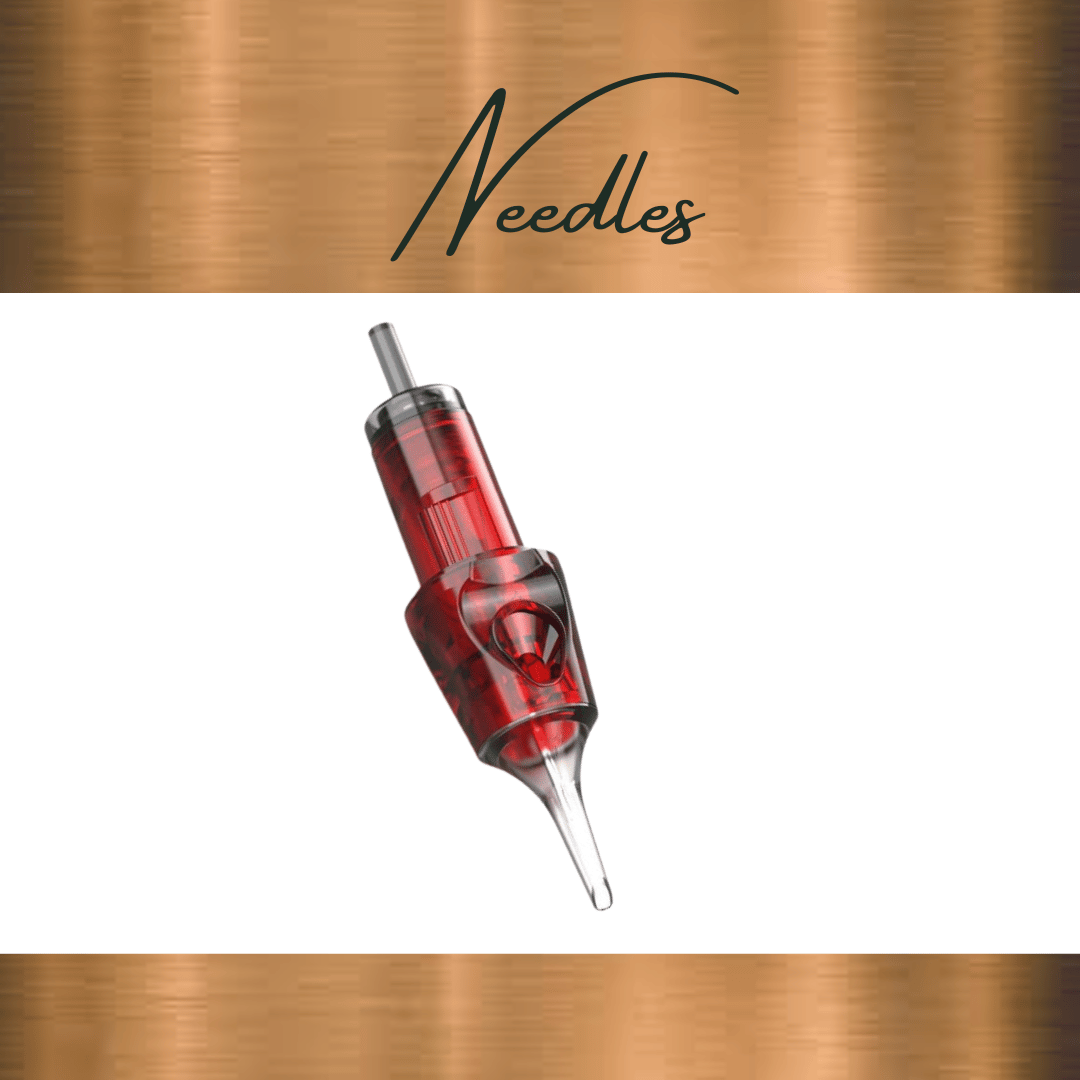 1RL, 3RL, and 5RL tattoo needles featuring a sharp tip, red shell design, secure membrane, and stabilizer for precision work. Individually packed and EO Gas sterilized for safety and hygiene.