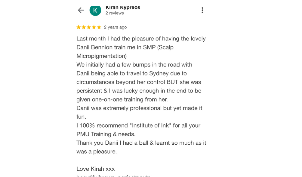 ive-star review from a student who completed Fine Line Tattoo Training