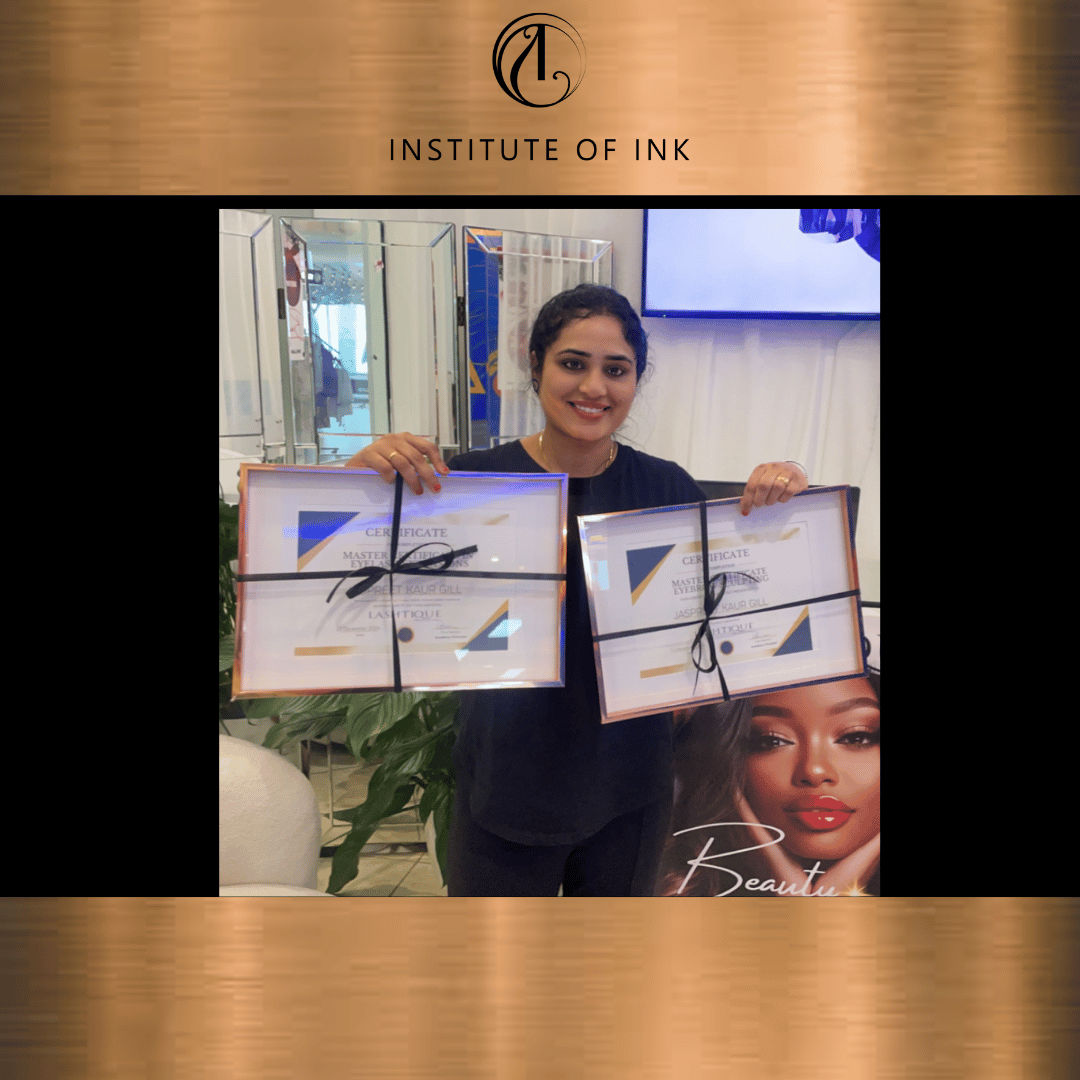 Student receiving certificate after completing the Cosmetic tattoo Course at Institute of Ink