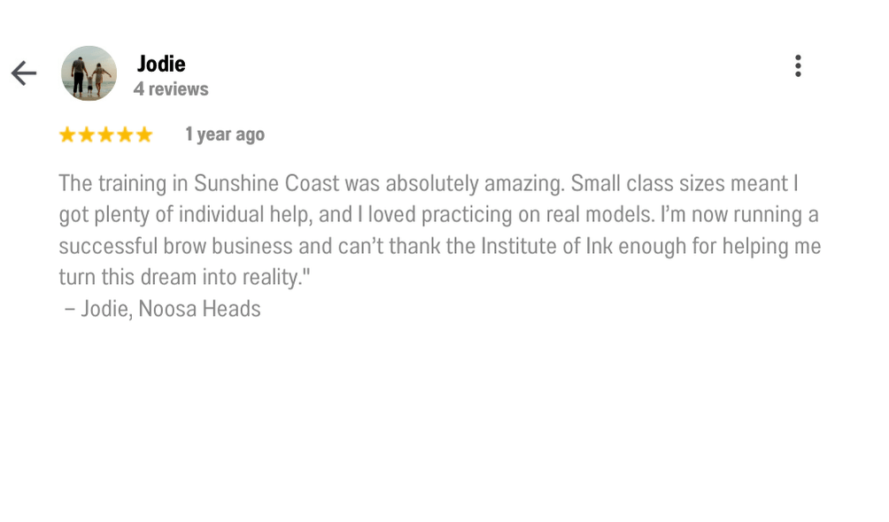 tudent review in PNG format mentioning life-changing experience and successful career start after completing Sunshine coast brow tattoo training