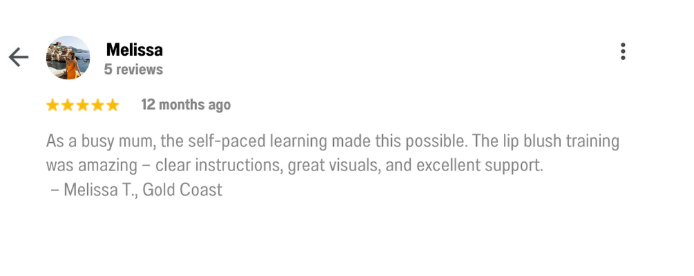 image of 5 start feedback from gold coast online course for cosmetic tattoo