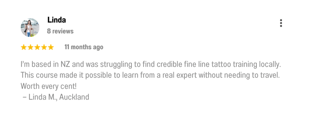 Image of student feedback from fine line online tattoo course