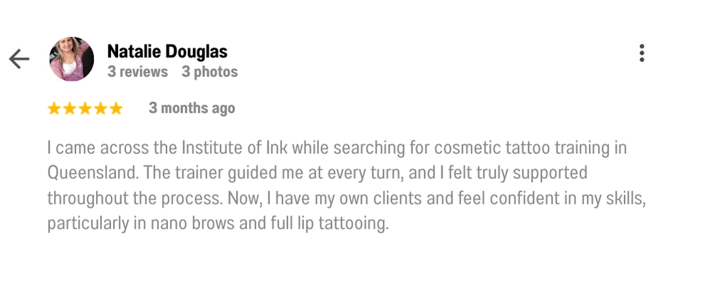 real student sharing her experience from the Brisbane Cosmetic Tattoo Fundamentals Course