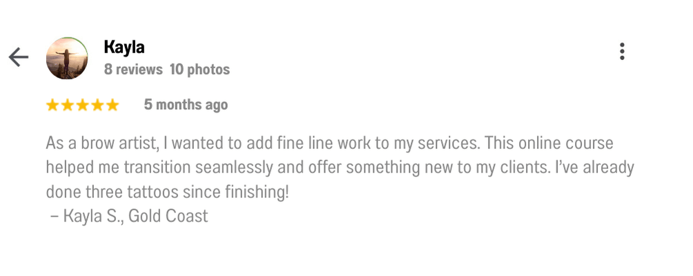 Happy student for the online fine line tattoo course Image of testimonial
