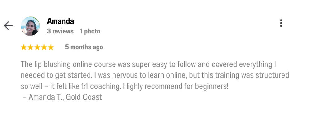 Online lip blush course review highlighting professional video tutorials, trainer support, and downloadable resources.