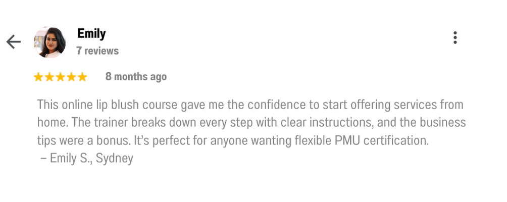 Graduate review of lip blush course online with advanced PMU techniques and lifetime access to training materials.