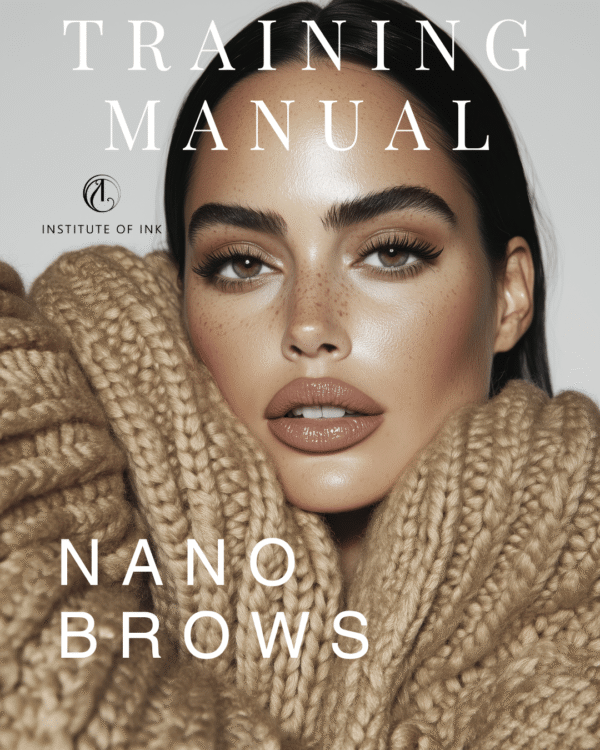 Cover of Nano Brow Training Manual by Institute of Ink featuring a woman with flawless brows.