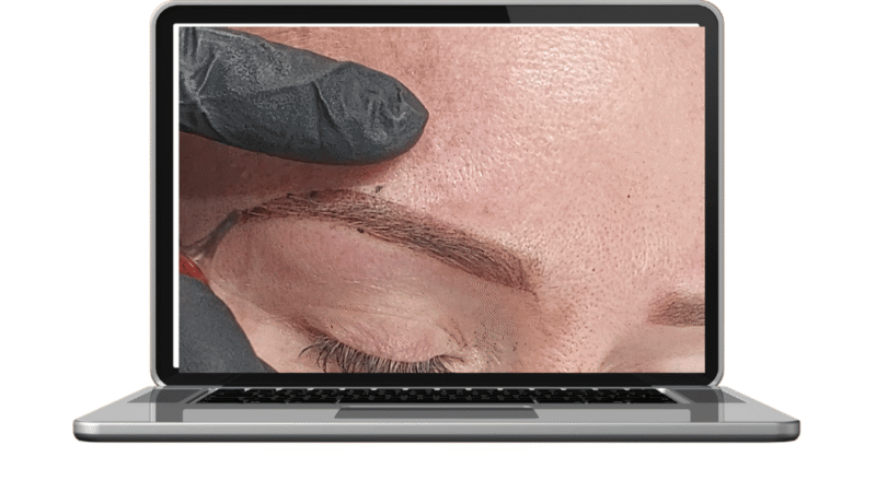 Close up of brow tattoo powder brows online course