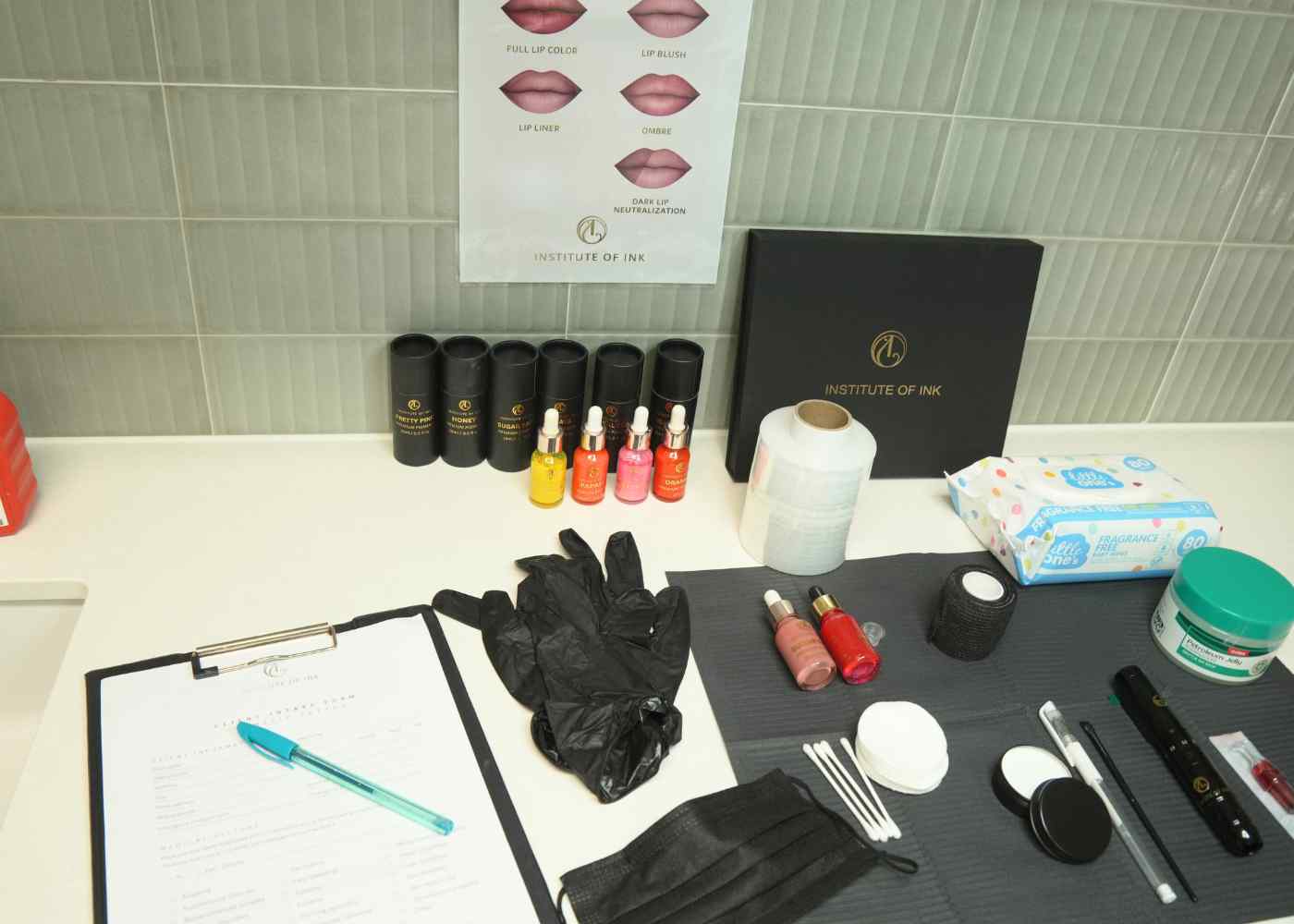 Professional lip blush tattoo kit and treatment setup for Brisbane cosmetic tattoo course