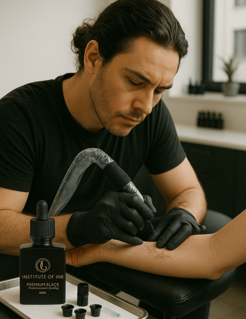 male model with institute of ink fine line tattoo ink